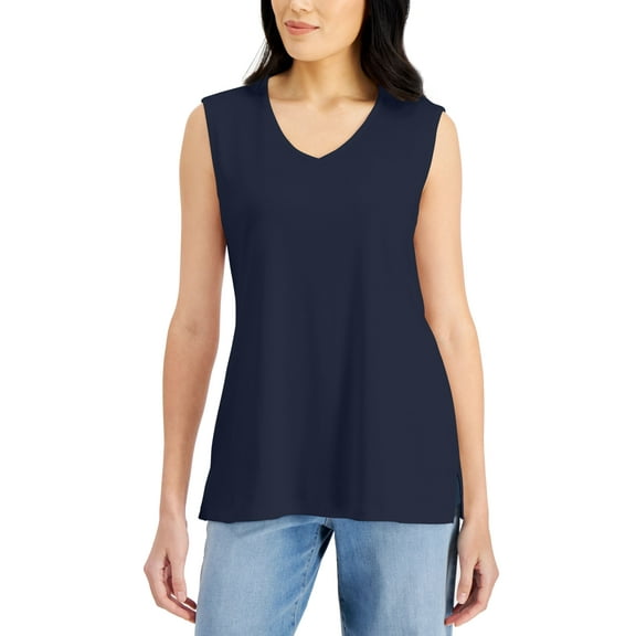 Karen Scott V Neck Cotton Tunic Tank Top Intrepid Blue M