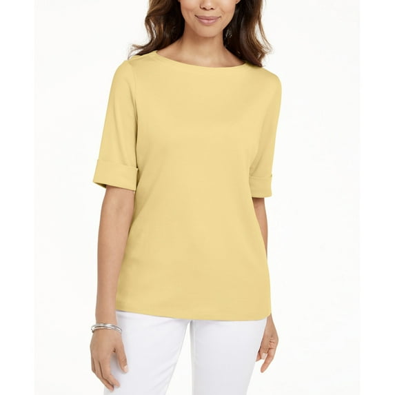 Karen Scott Women's 3/4 Sleeve Cotton Boat-Neck Top Citron Aura Size XL