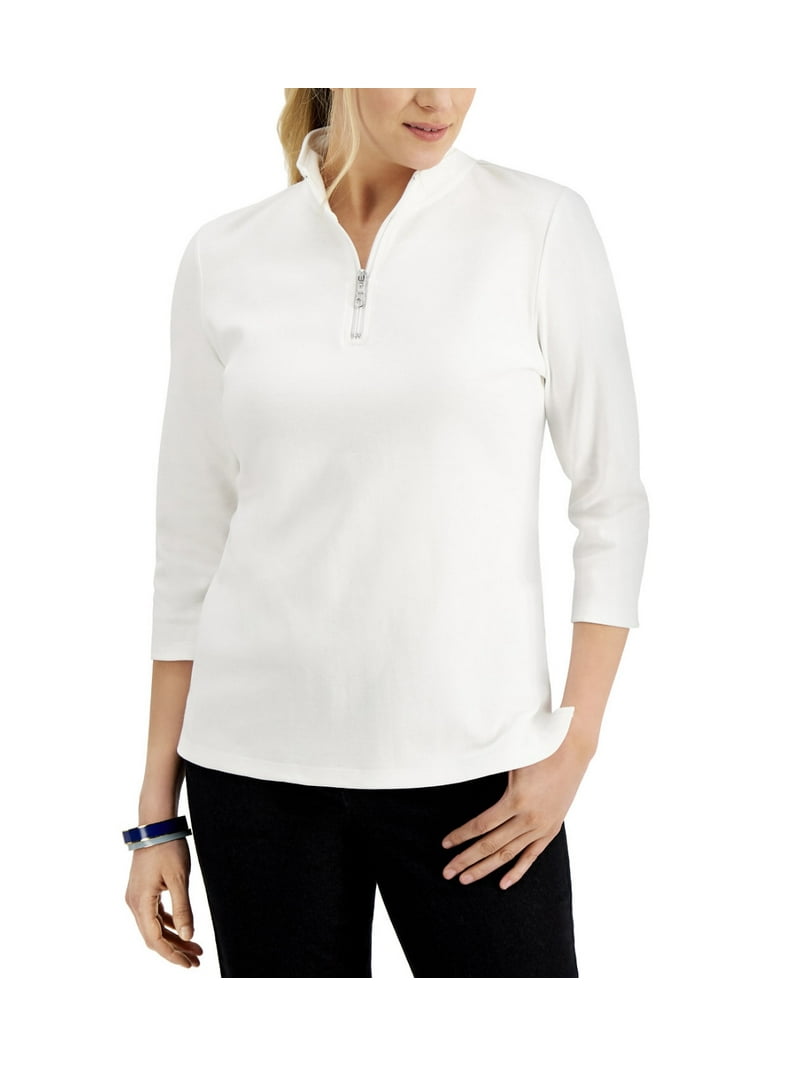 Karen Scott Women's 3/4 Sleeve Cotton Zip-Neck Top Bright