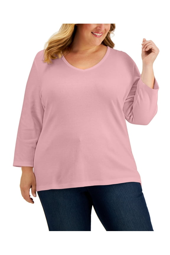 Women's 3/4 Sleeve V Neck Top Pink Size 3X