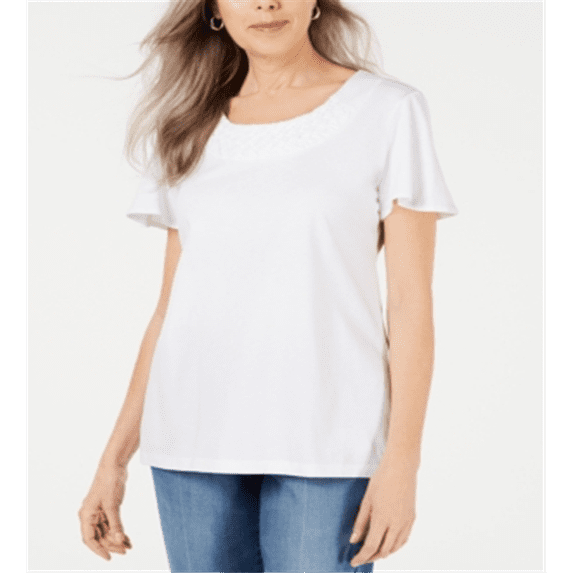 Karen Scott Women's Basketweave Trim Flutter Sleeve Top White Size Large