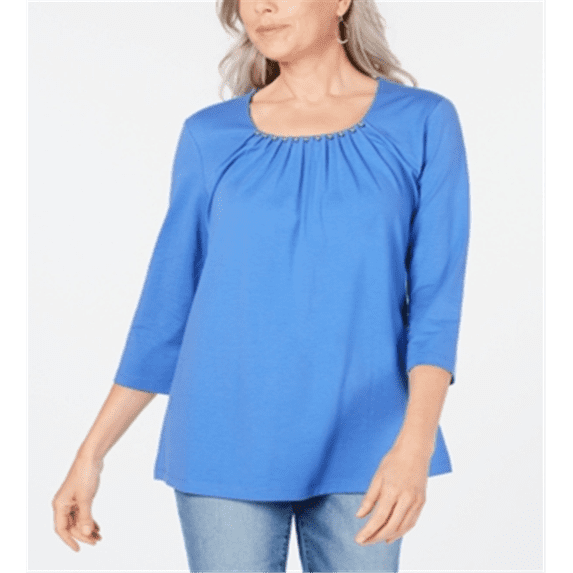 Karen Scott Women's Beaded Scoop Neck Top Blue Size X-Small
