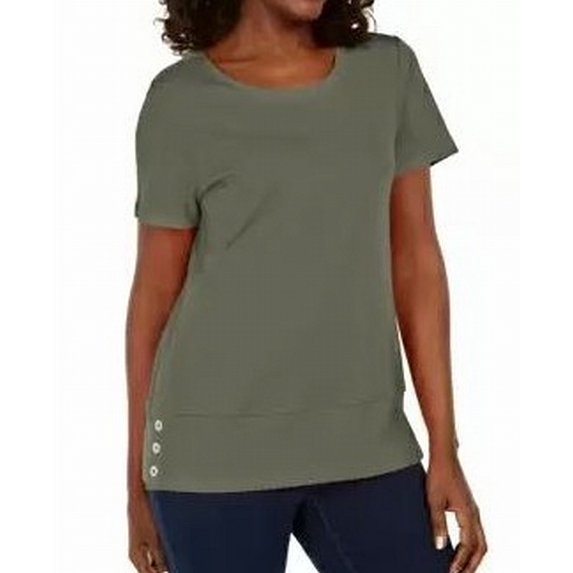 Karen Scott Women's Button Hem Scoop Neck Cotton Top Green Size X-Large