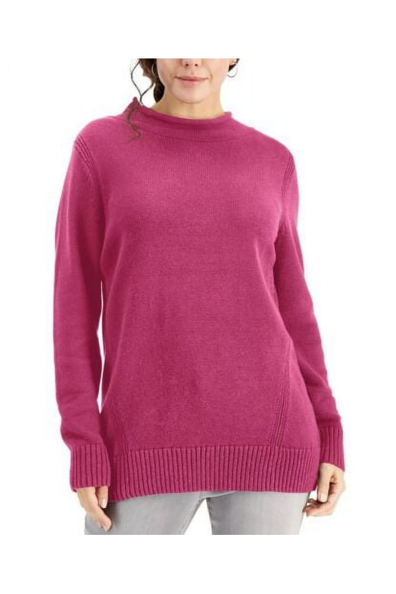 Women's Cotton Drop-Shoulder Roll-Neck Sweater Magenta Size XS
