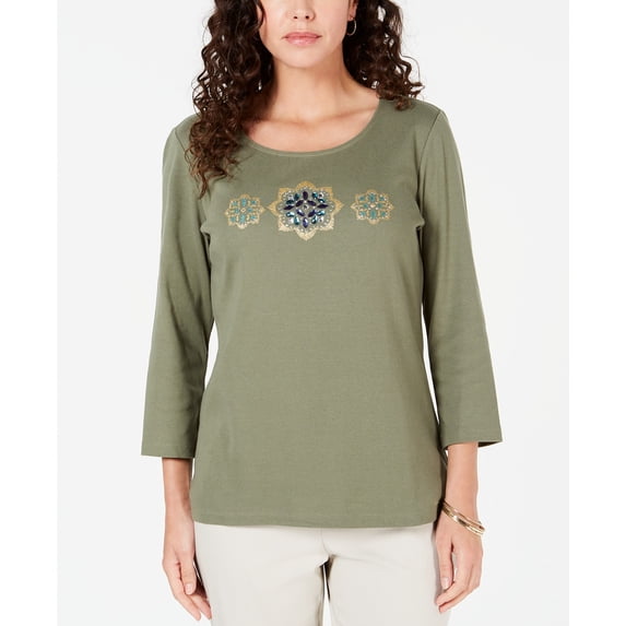 Karen Scott Women's Cotton Glitter Floral-Graphic Top Green Size Small