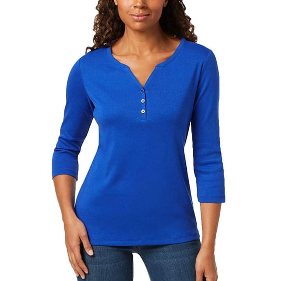Karen Scott Women's Cotton Henley Shirt Dark Blue Size Petite Medium