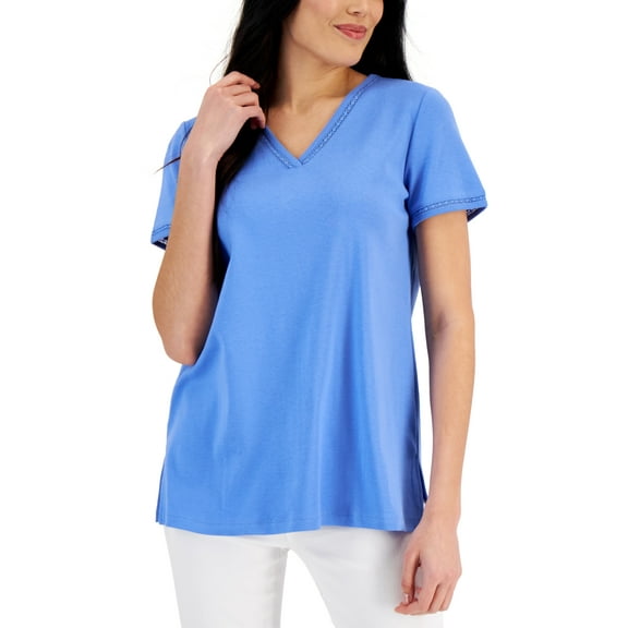 Karen Scott Women's Cotton Lace Trimmed Top Blue Size X-Small