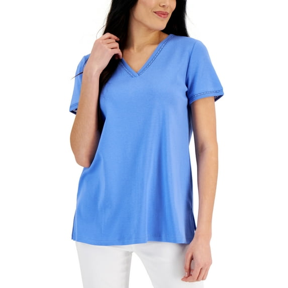 Karen Scott Women's Cotton Lace Trimmed Top Blue Size X-Small