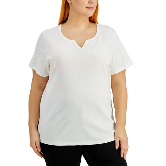 Karen Scott Women's Cotton Split Neck Top White Size 1X