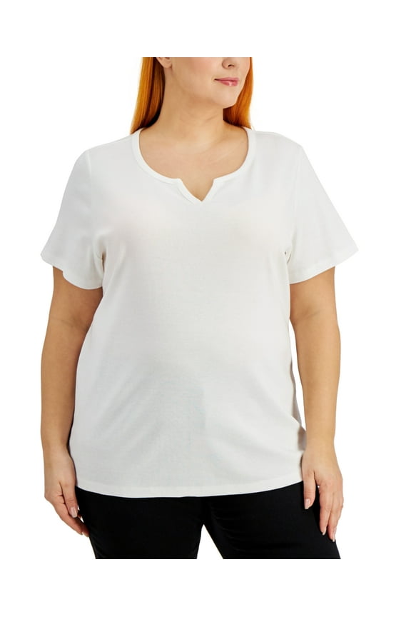 Women's Cotton Split Neck Top White Size 1X