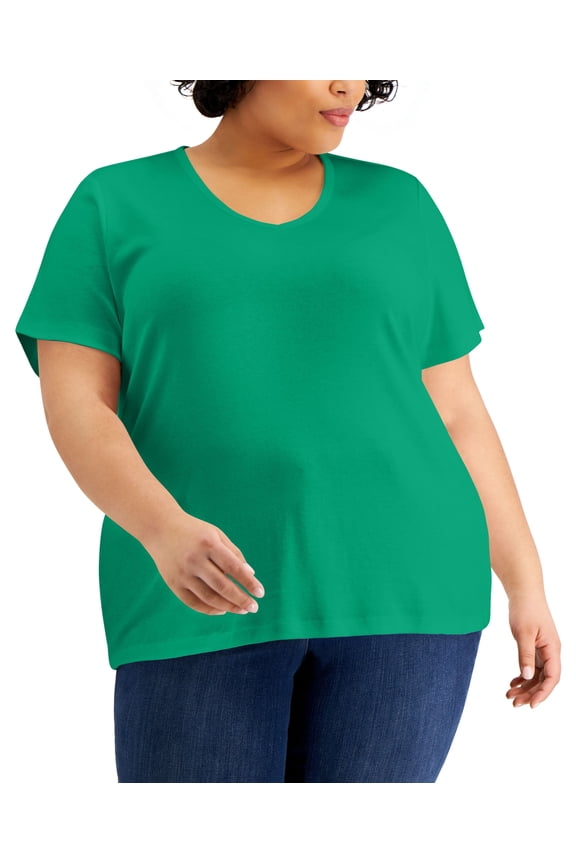 Plus Size Cotton V Neck Top Green Verde 2X