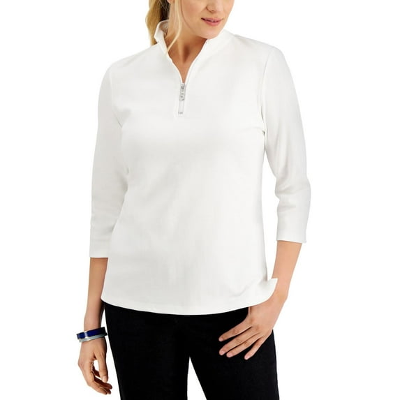 Karen Scott Women's Cotton Zip Neck Top White Size X-Small