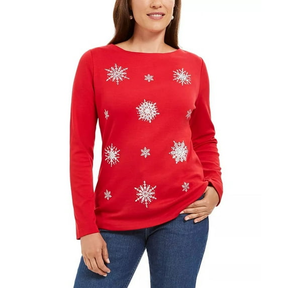 Karen Scott Women's Embellished Snowflake Top Red Size X-Large