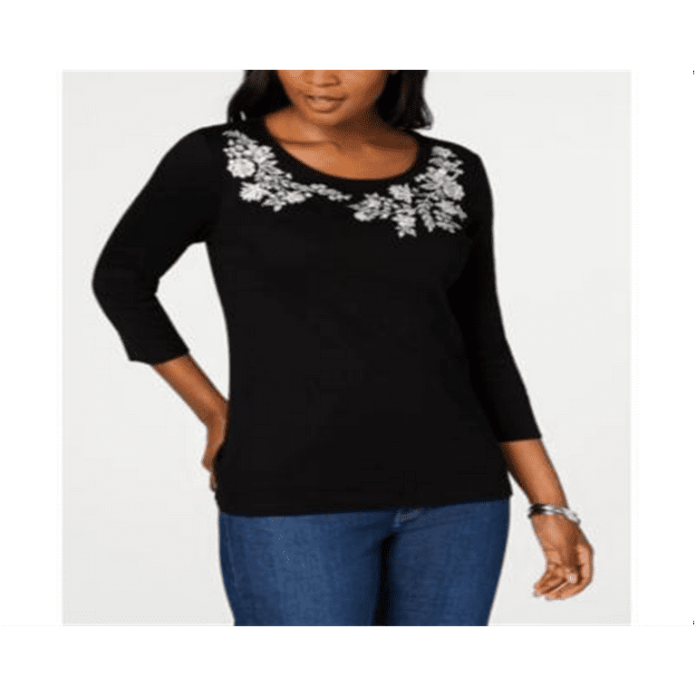 Karen Scott Women s Embroidered 3 4 Sleeve Top Black Size Petite
