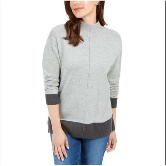 Karen Scott Women's Erin Cotton Colorblocked Mock Neck Sweater Charcoal Size X-Large