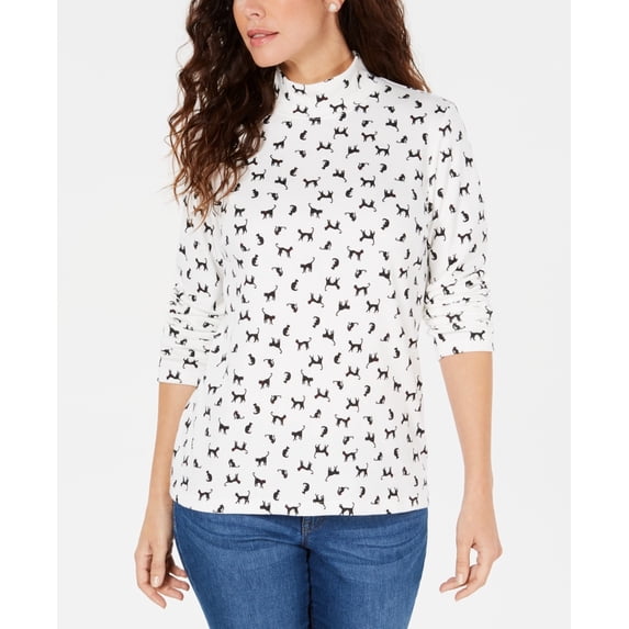 Karen Scott Women's Floral Print Mock Neck Top White Size PL