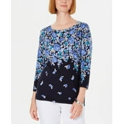 Karen Scott Women's Floral-Print Sweater Navy Size Small