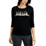 KAREN SCOTT Women's Holiday Graphic Print Top Black Size Petite Large