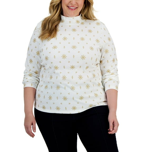 Karen Scott Women's Holiday Printed Mock Neck Top White Size 1X