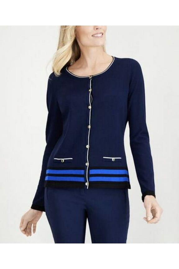 Women's Intrpd Blu Crew Neck Cardigan Contrast Trim Top Size PM