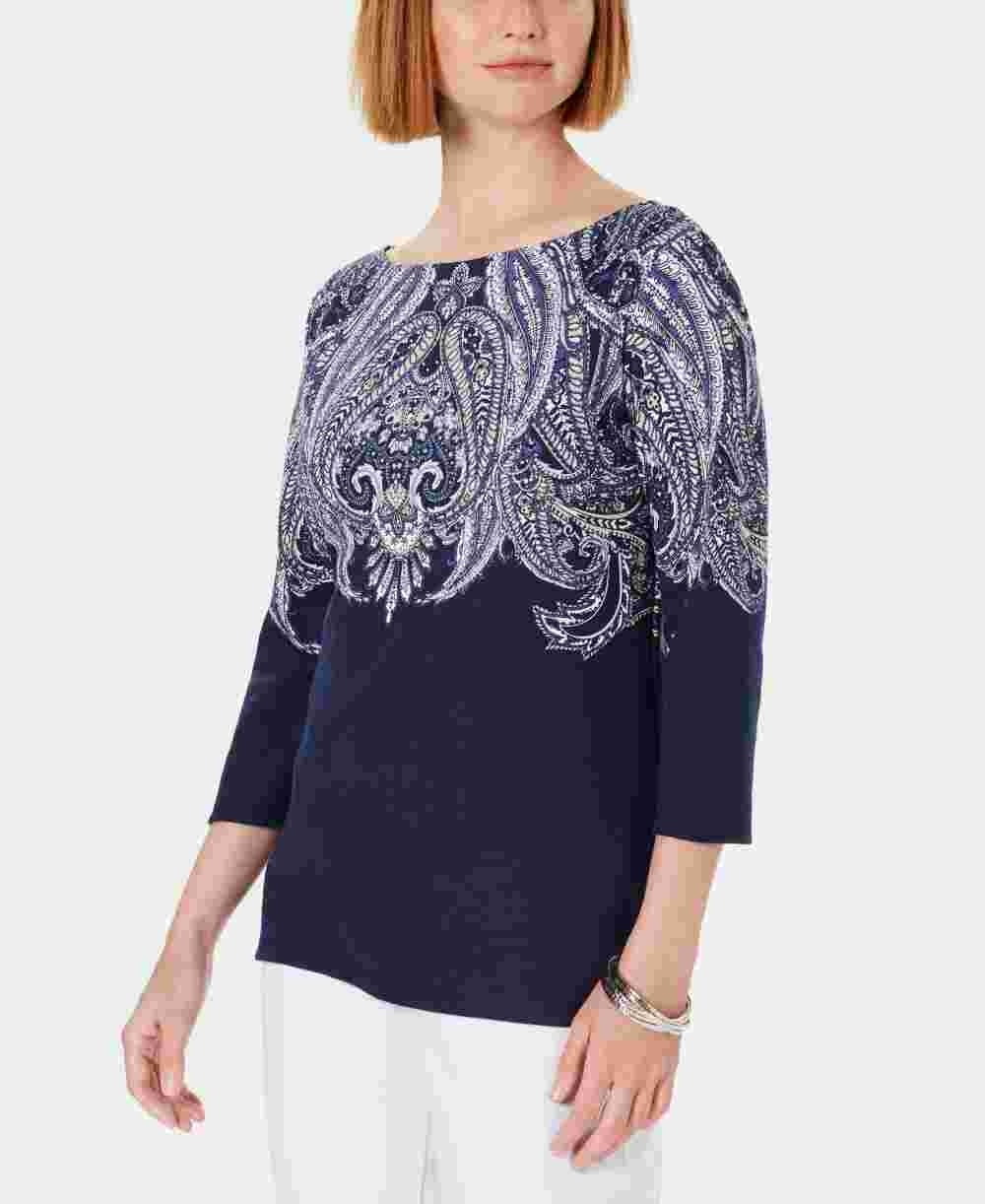 Karen Scott Women's Lile Paisley Boat-Neck Top Navy Size X-Small