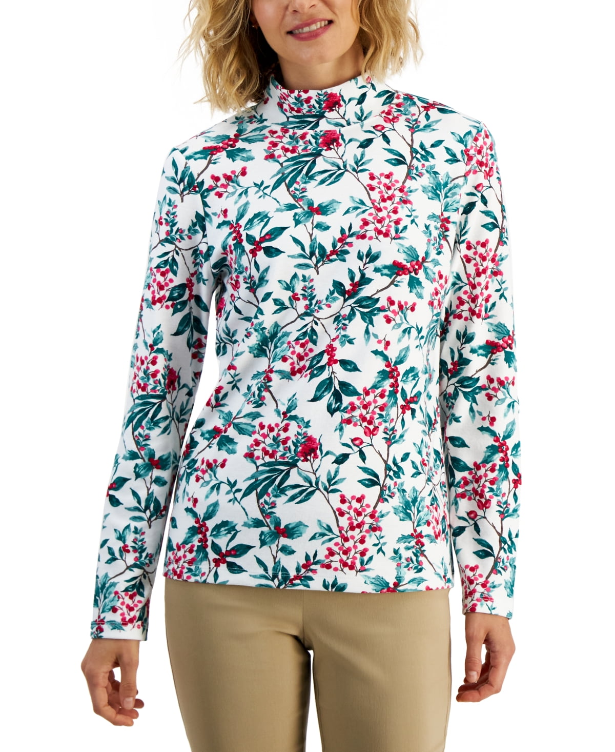 Karen Scott Women's Mock Neck Printed Top White Size Petite Small ...