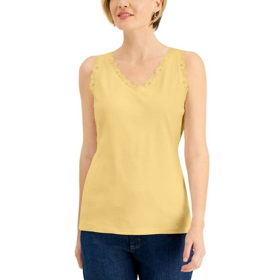 Karen Scott Women's Petite Cotton Lace-Trim Tank Top