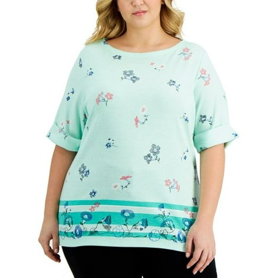 Karen Scott Womens Petite Printed Boat Neck Top Aqua Ice PL
