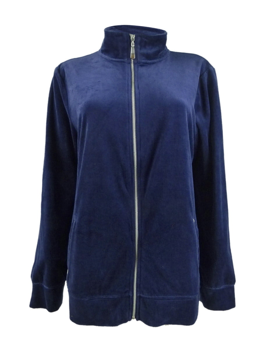 Karen Scott Women s Petite Velour Zip Front Jacket PS Navy