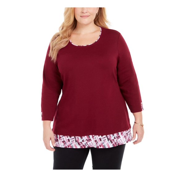 Karen Scott Womens Plus Layered Plaid Trim Top Red 2X