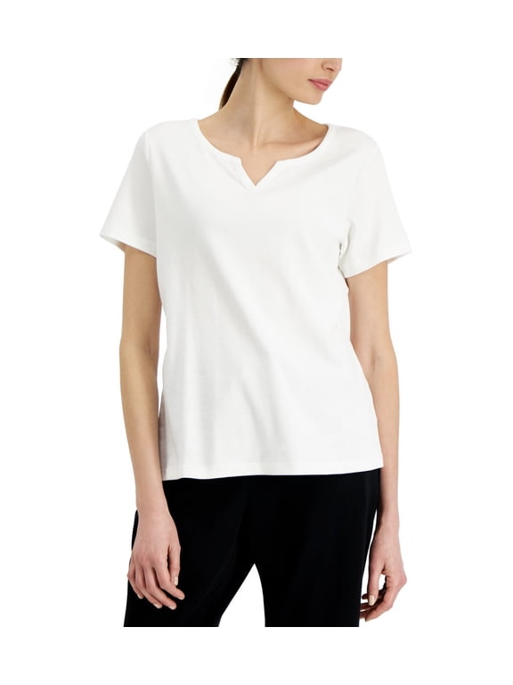 Women's Short Sleeve Cotton Split-Neck Top Bright White Size S