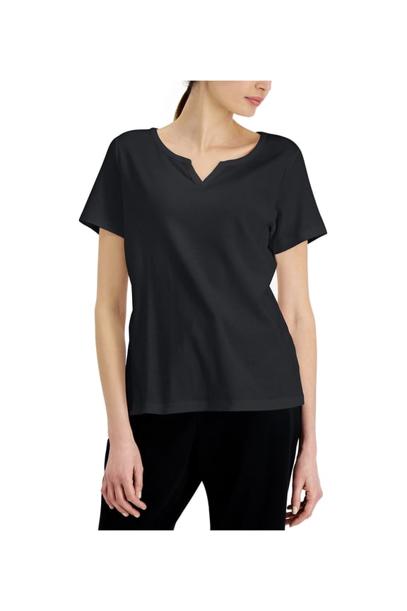 Women's Short Sleeve Cotton Split-Neck Top Deep Black Size L