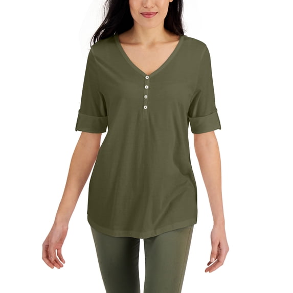 Karen Scott Women's Solid Elbow-Sleeve Henley Tunic Top