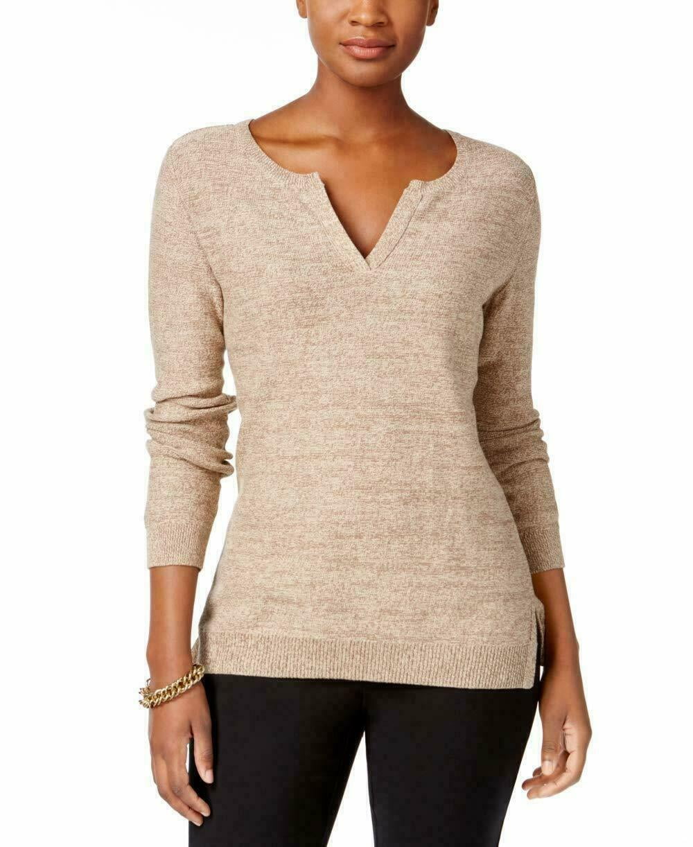 KAREN SCOTT Women's Split-Neck Cotton Sweater Chestnut Marl Top Long Sleeve PL