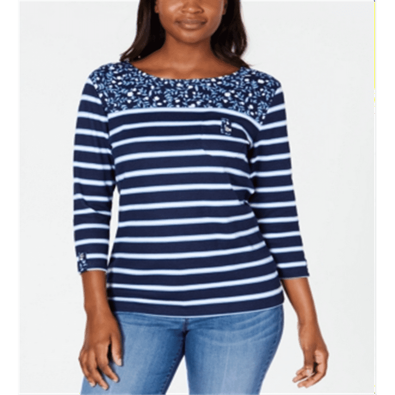 Karen Scott Women s Sport Floral Yoke Striped Top Blue Size XX
