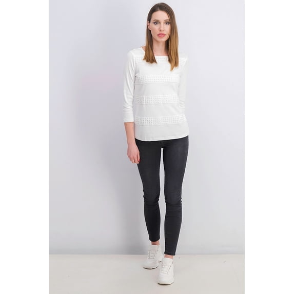 Karen Scott Women's Square-Neck Lace-Stripe Top White Size Small