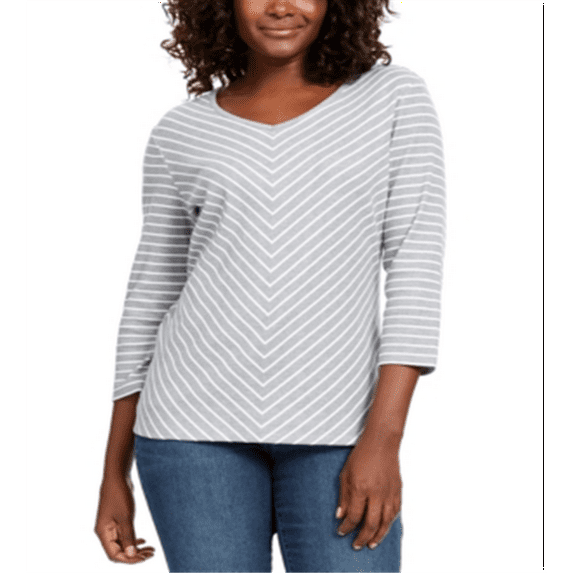 Karen Scott Women's Striped Top Gray Size Petite Small