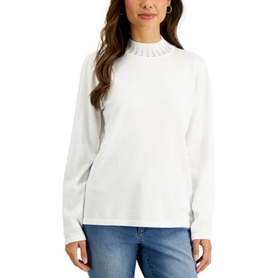 Karen Scott Women's Studded Mock-Neck Sweater Natural Size Extra Small