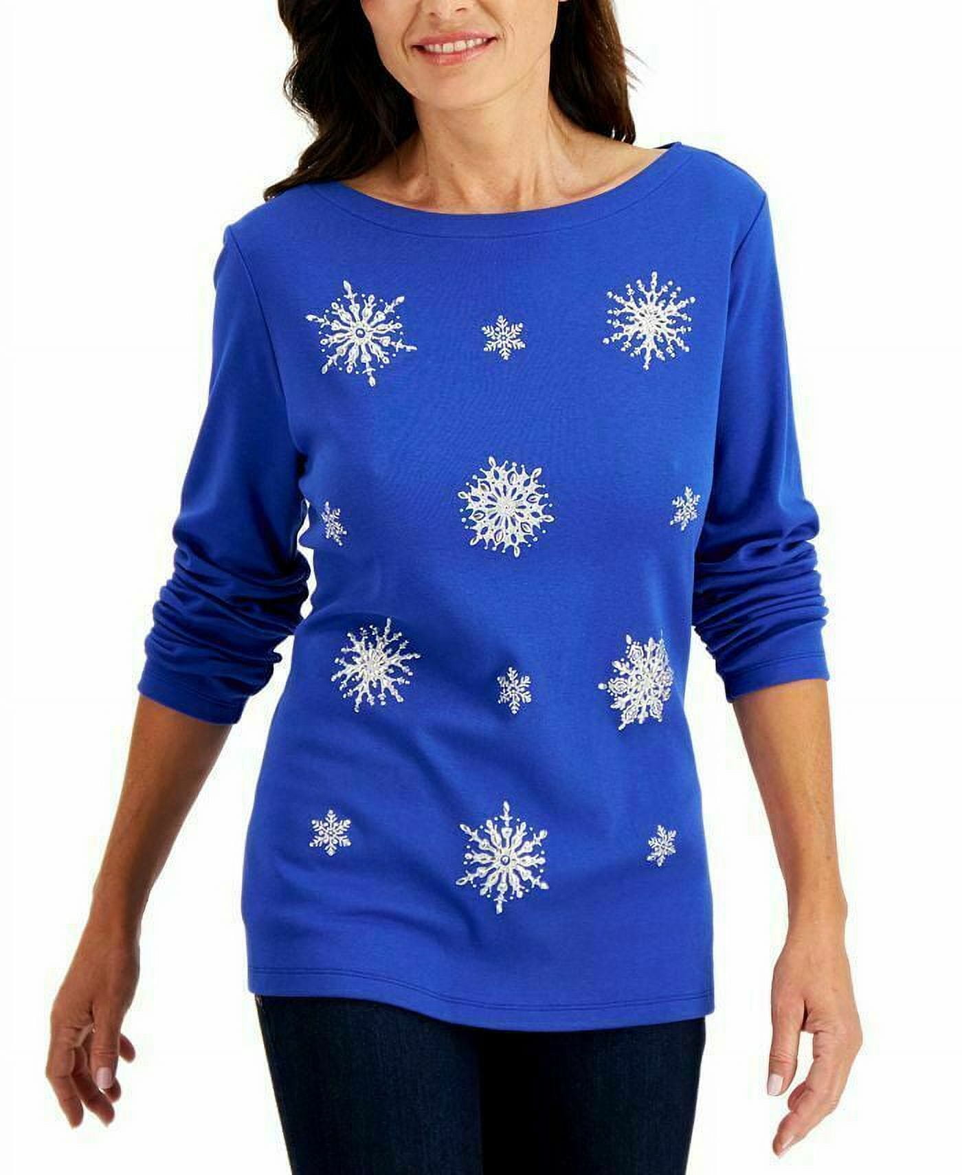KAREN SCOTT Women's Top Snowflake Christmas Ultra Blue Long Sleeve T-Shirt S