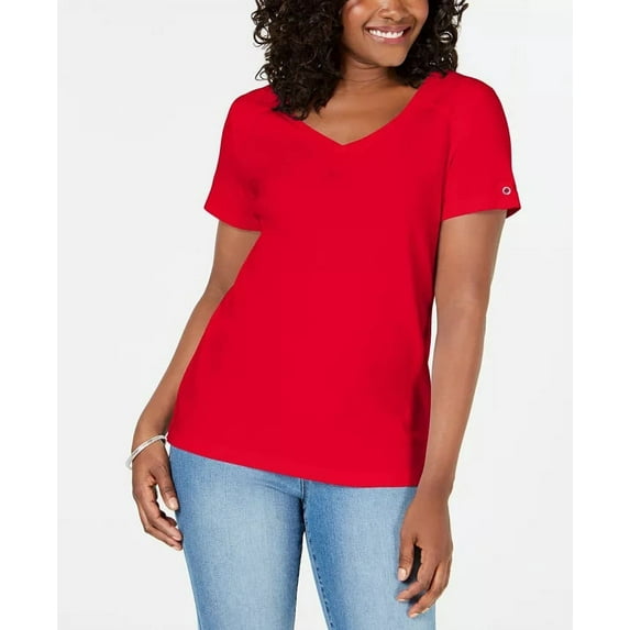 Karen Scott Women's V-Neck Cotton Top Bright Red Size Small
