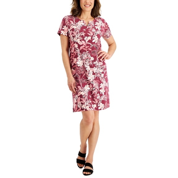 Karen Scott Womens Bali Printed Split Neck Dress Malbec S