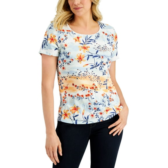 Karen Scott Womens Beach Dream Printed Top Aqua Oasis S