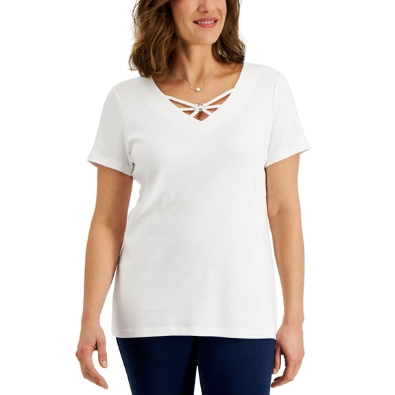 Karen Scott Womens Cotton Crisscross V Neck Top Bright White XL