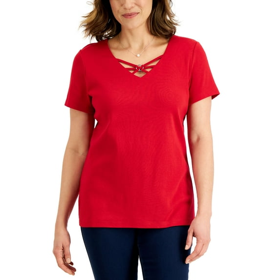 Karen Scott Womens Cotton Crisscross V Neck Top New Red Amore XL