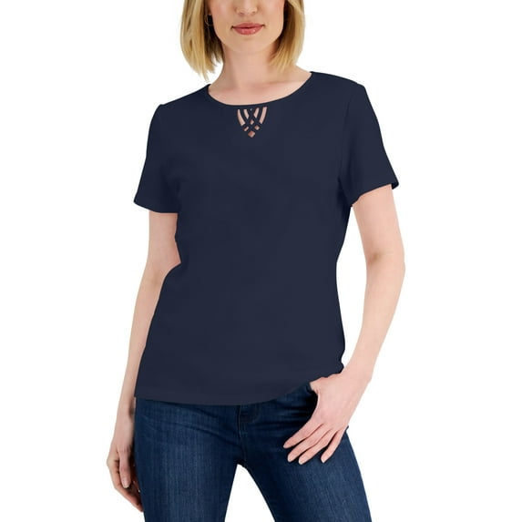Karen Scott Womens Cotton Keyhole Top Intrepid Blue S