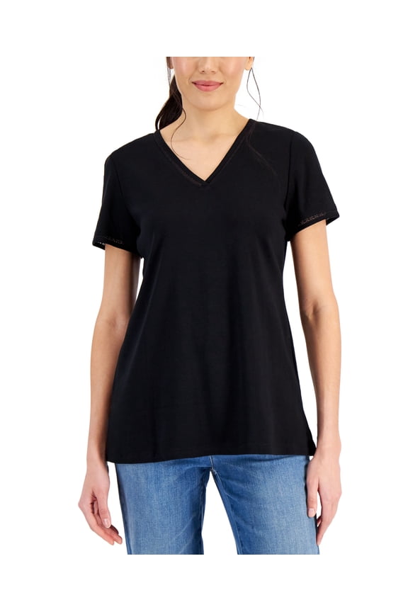 Womens Cotton Lace Trimmed Top Deep Black S