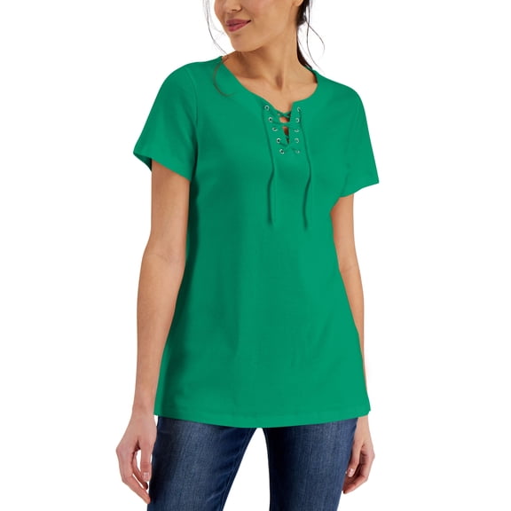 Karen Scott Womens Cotton Lace Up Tunic Green Verde XL