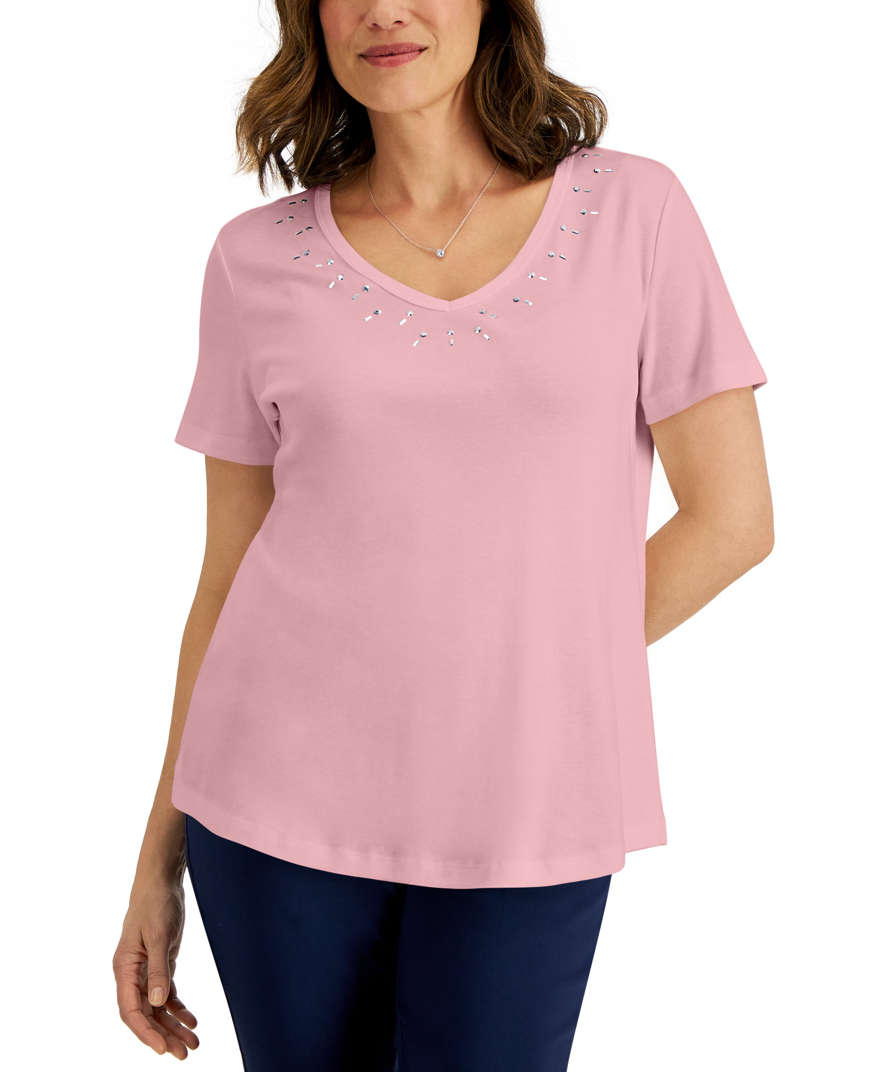 Karen Scott Womens Cotton Studded V Neck Top Boca Blush S