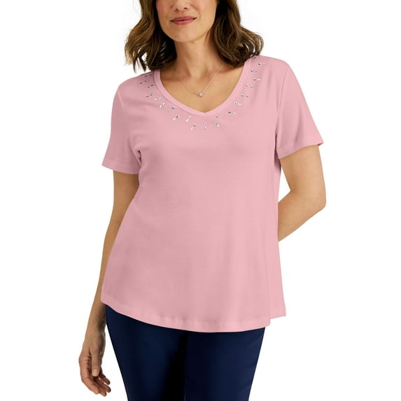 Karen Scott Womens Cotton Studded V Neck Top Boca Blush XL