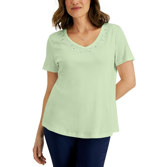 Karen Scott Womens Cotton Studded V Neck Top Calm Aloe S